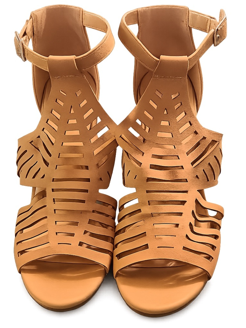 Delicious Tan Laser-Cut Ankle-Strap Sandals